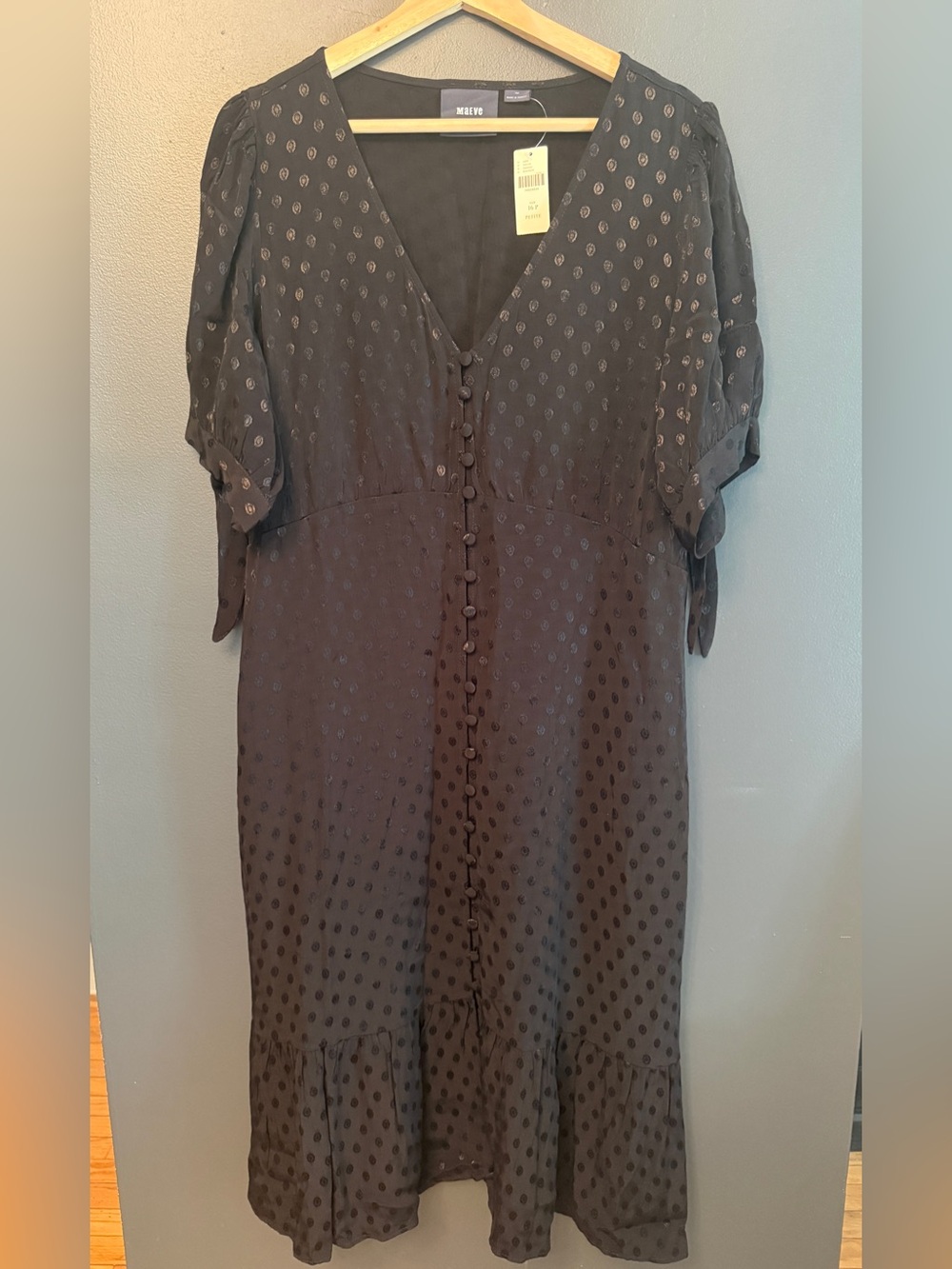 Maeve Black Tonal Polka-Dot Button-Front Midi Dress NWT size 16